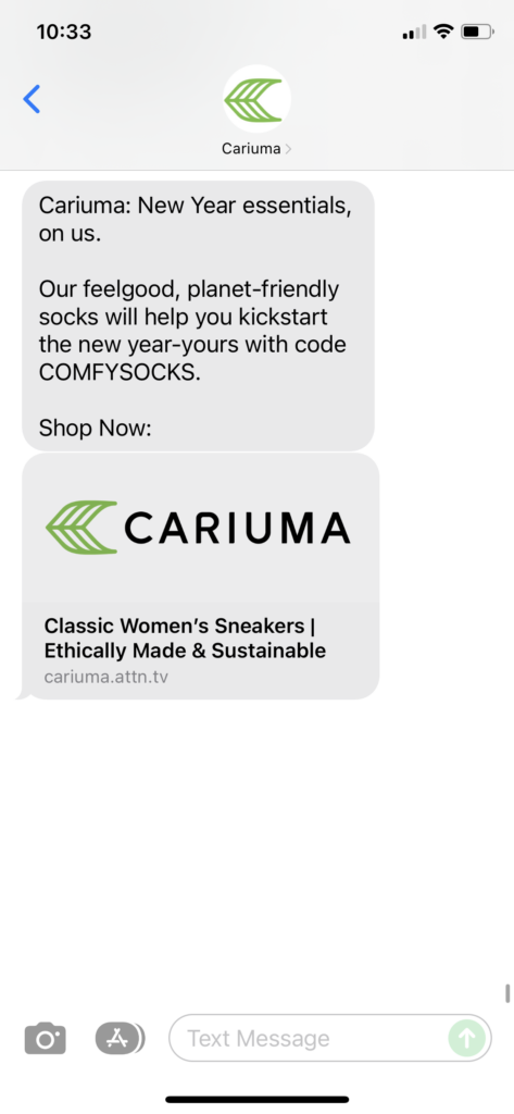 Cariuma Text Message Marketing Example - 12.26.2021