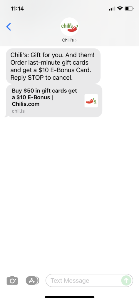 Chili's Text Message Marketing Example - 12.23.2021