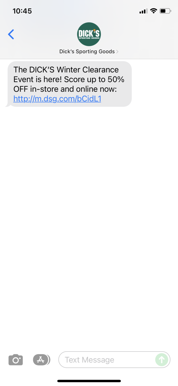 Dick’s Sporting Goods Text Message Marketing Example 12.26.2021 SMS