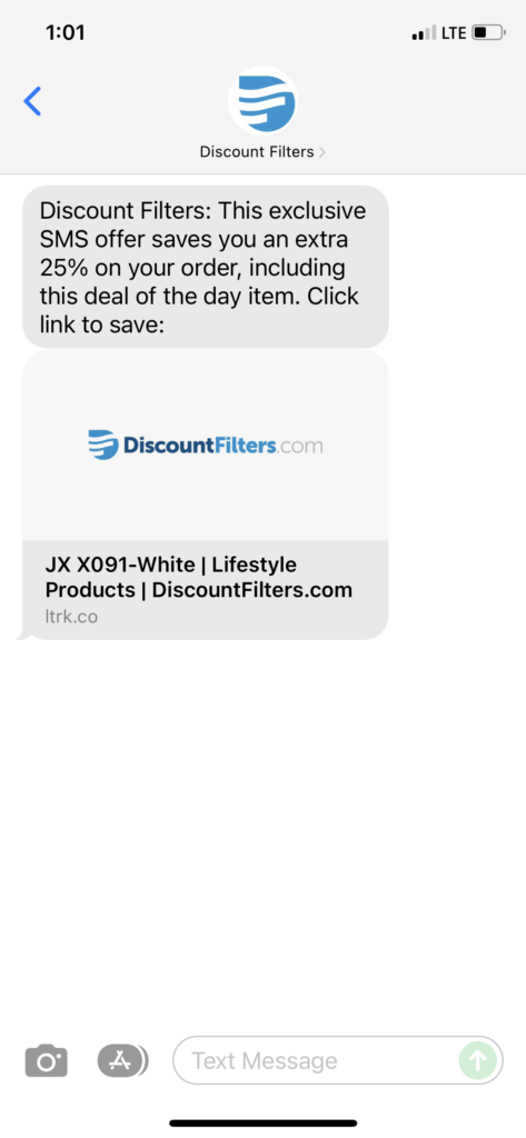 Discount Filters Text Message Marketing Example - 12.09.2021