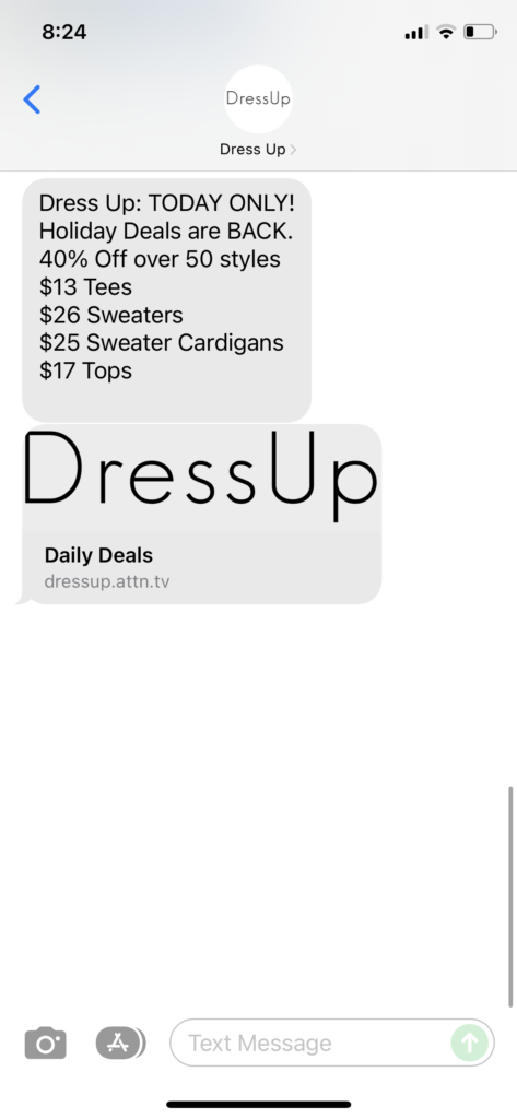 Dress Up Text Message Marketing Example - 12.08.2021