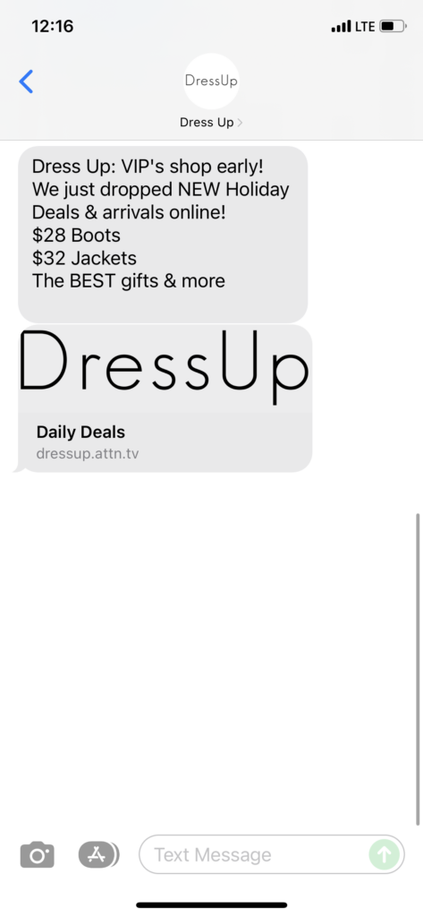 Dress Up Text Message Marketing Example - 12.16.2021