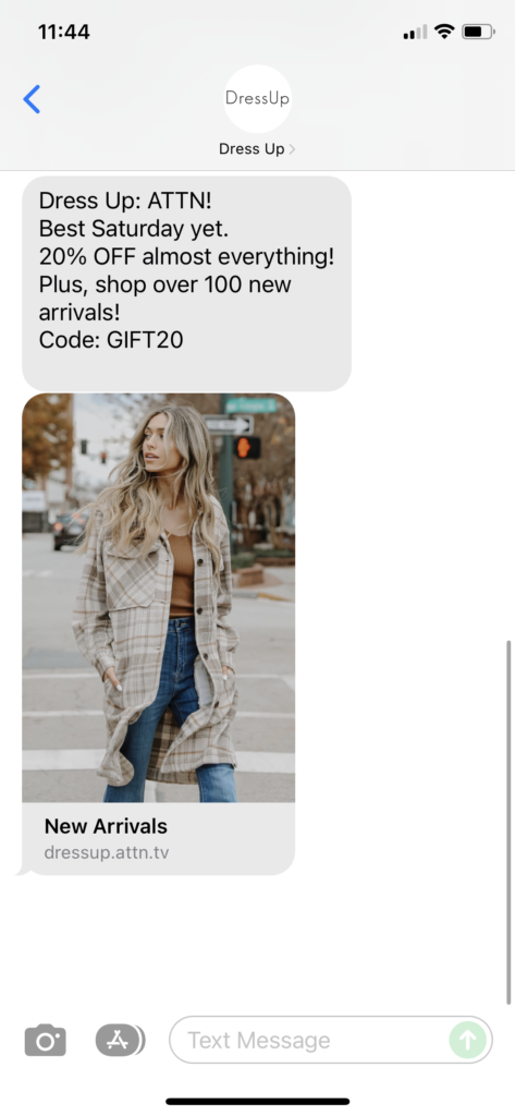 Dress Up Text Message Marketing Example - 12.18.2021