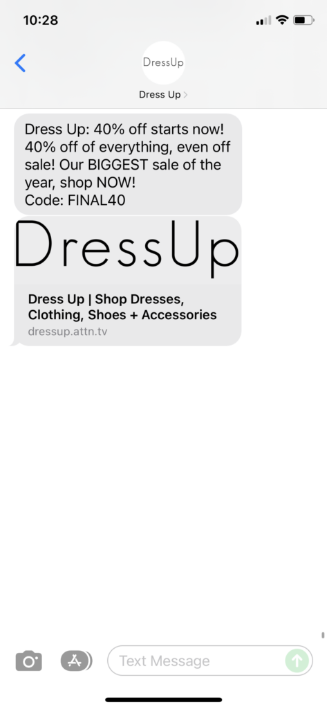 Dress Up Text Message Marketing Example - 12.27.2021