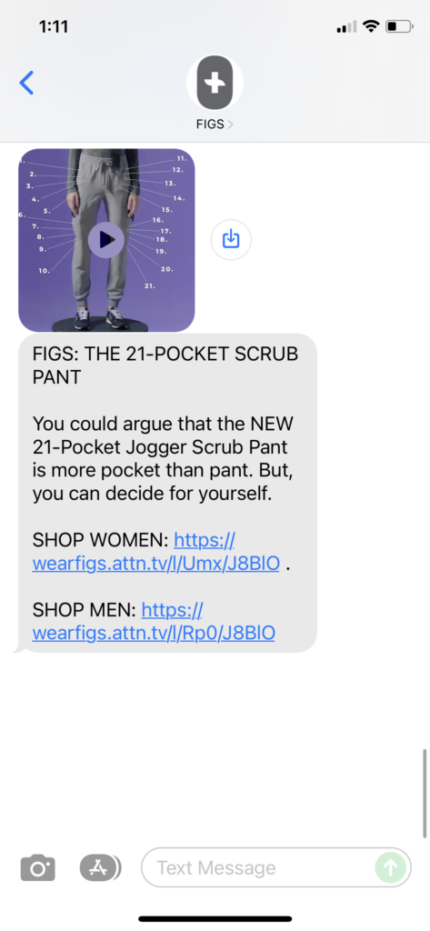 FIGS Text Message Marketing Example - 12.14.2021
