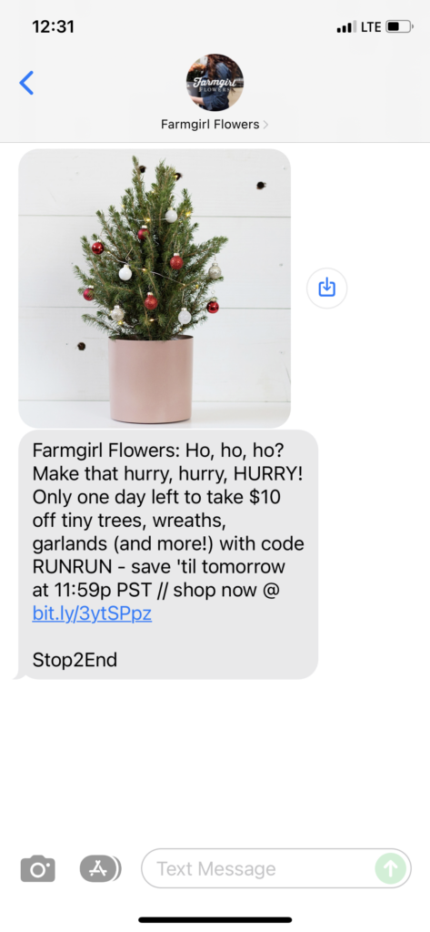 Farmgirl Flowers Text Message Marketing Example - 12.15.2021