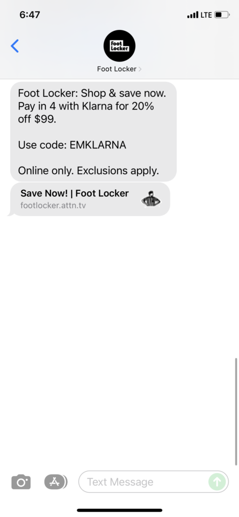 Foot Locker Text Message Marketing Example - 12.03.2021