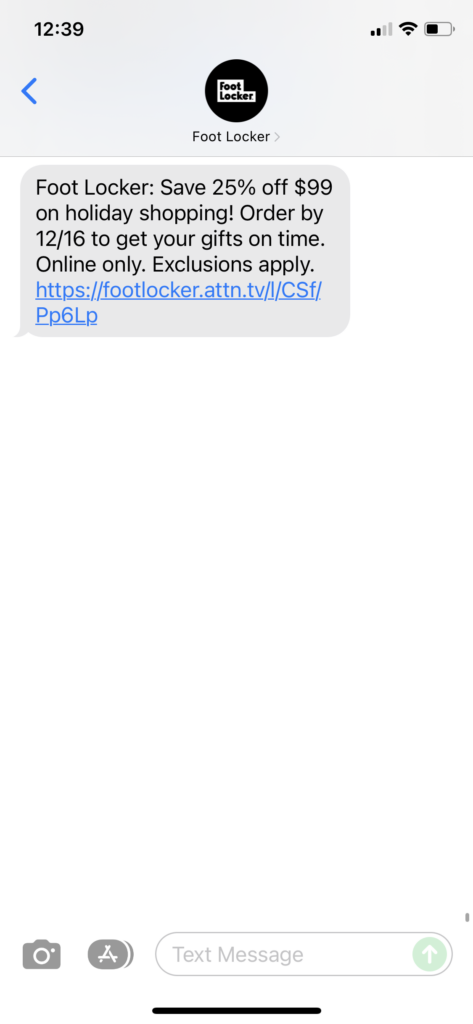 Foot Locker Text Message Marketing Example - 12.15.2021