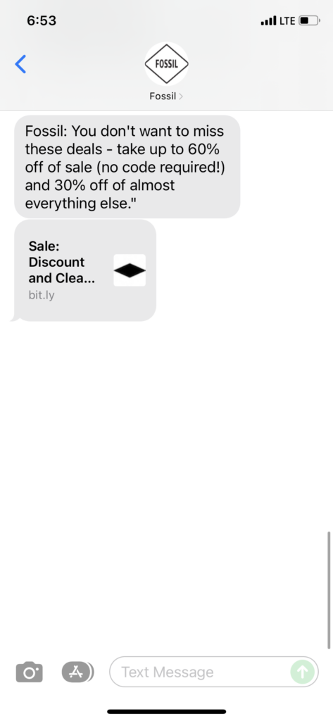 Fossil Text Message Marketing Example - 12.03.2021