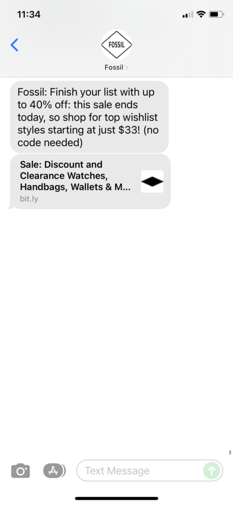 Fossil Text Message Marketing Example - 12.19.2021