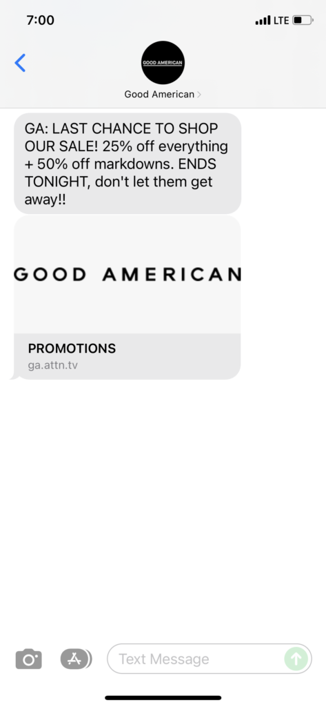 Good American Text Message Marketing Example - 12.02.2021