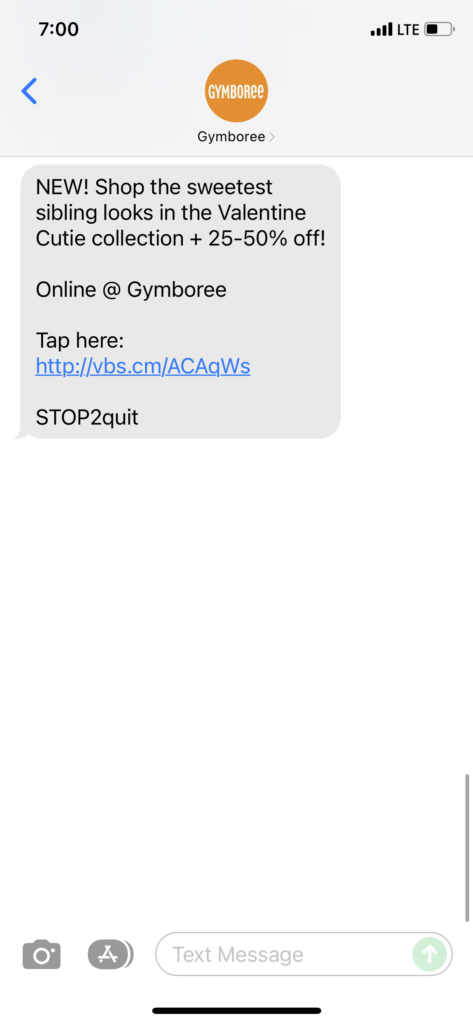 Gymboree Text Message Marketing Example - 12.02.2021