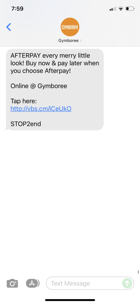 Gymboree Text Message Marketing Example - 12.09.2021