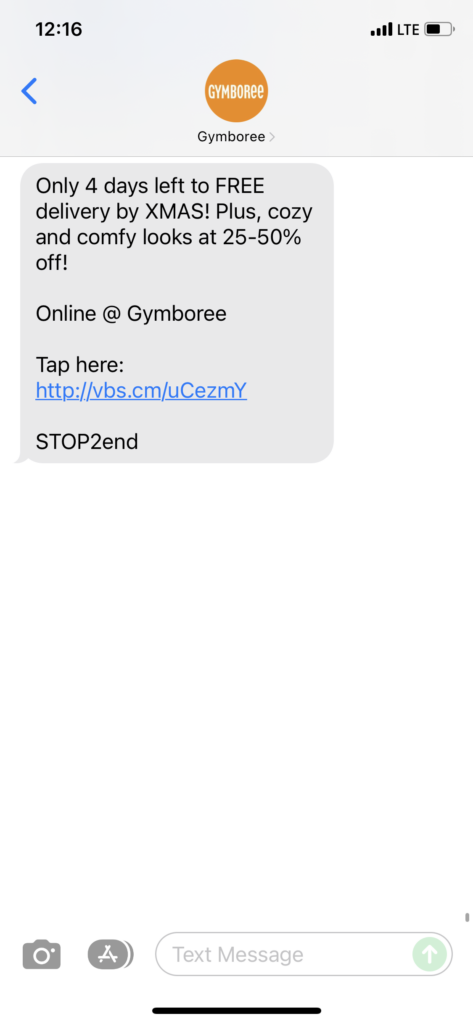 Gymboree Text Message Marketing Example - 12.16.2021
