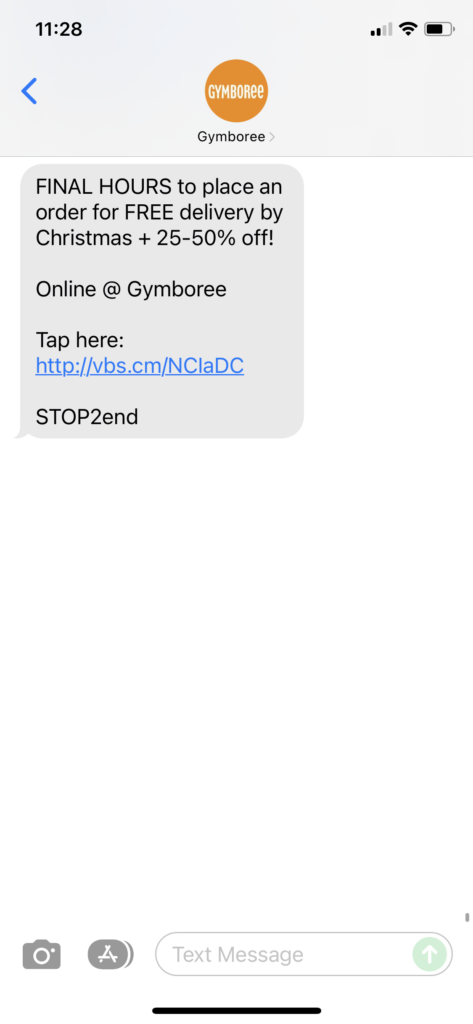 Gymboree Text Message Marketing Example - 12.19.2021
