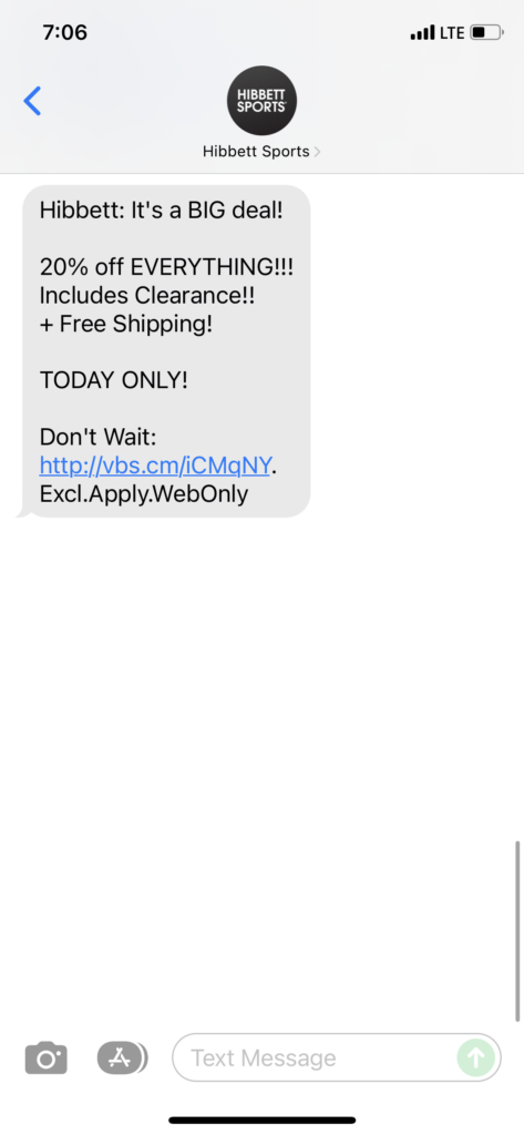 Hibbett Text Message Marketing Example - 12.02.2021
