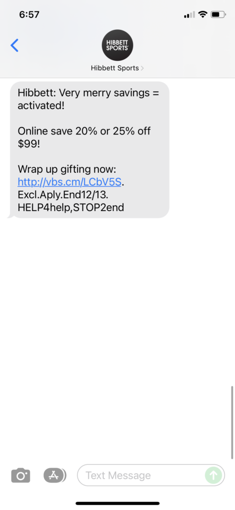Hibbett Text Message Marketing Example - 12.11.2021