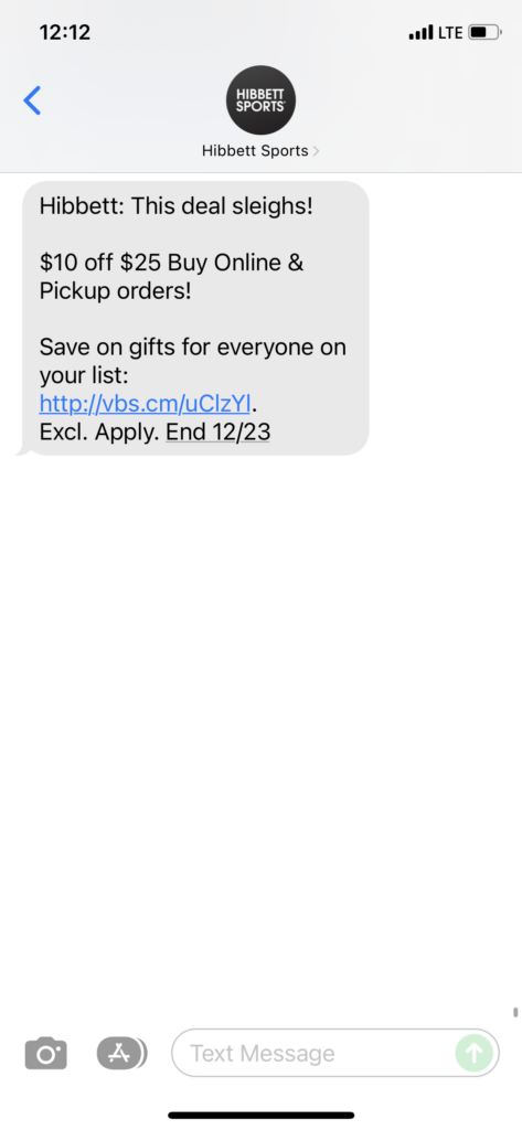 Hibbett Text Message Marketing Example - 12.17.2021