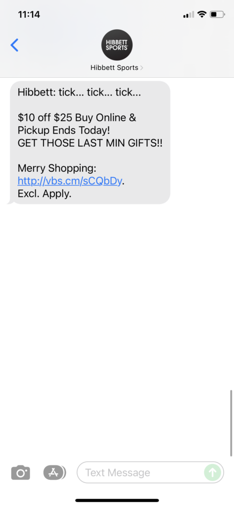 Hibbett Text Message Marketing Example - 12.23.2021