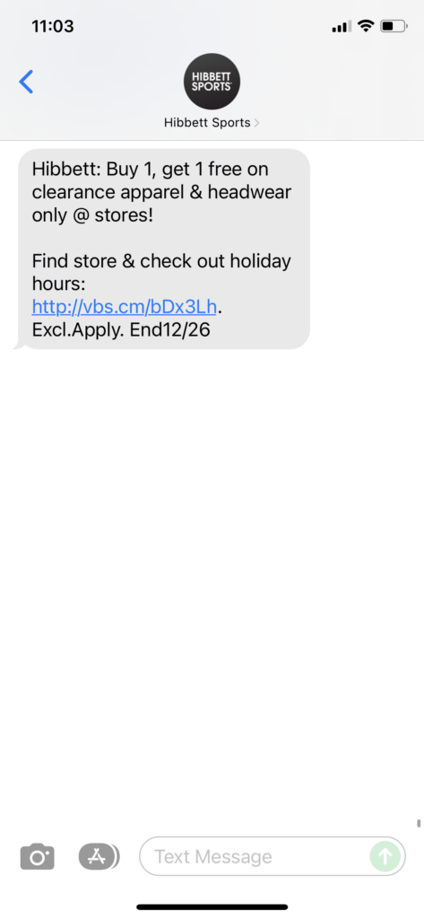 Hibbett Text Message Marketing Example - 12.24.2021