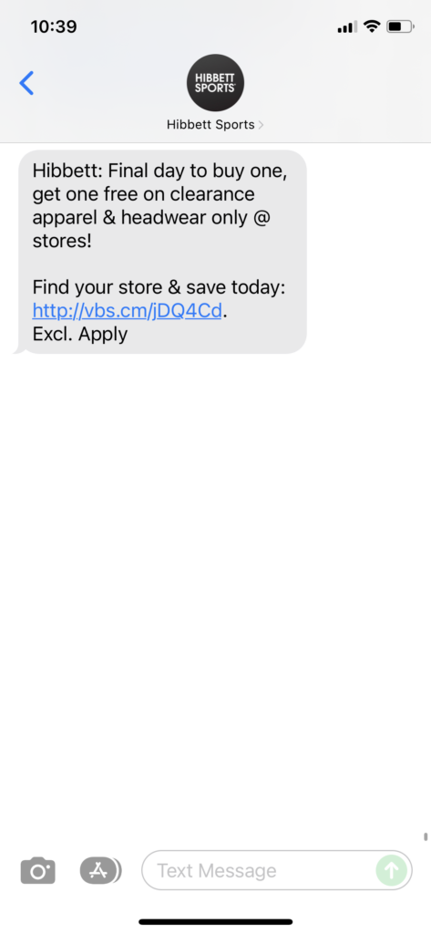 Hibbett Text Message Marketing Example - 12.26.2021