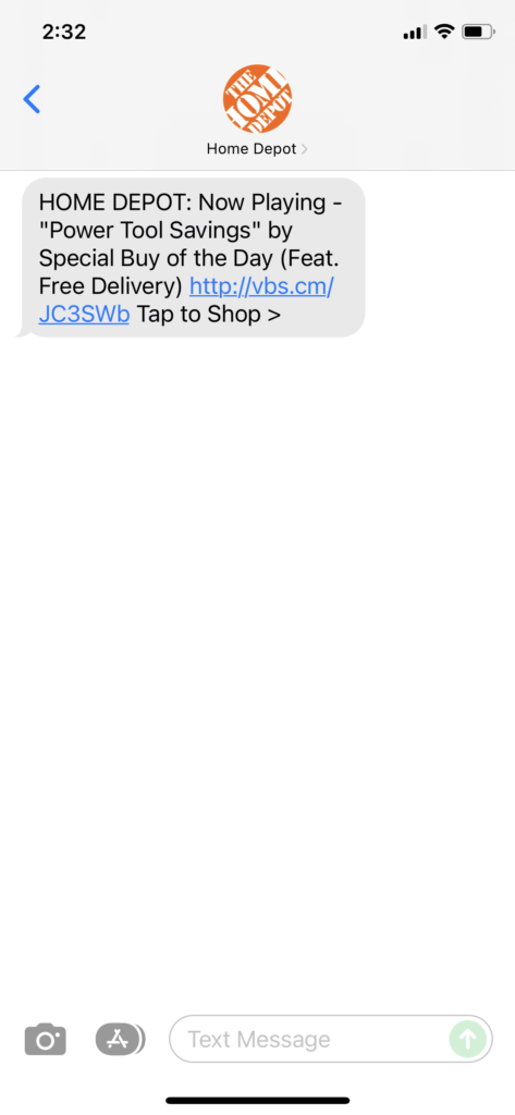Home Depot 1 Text Message Marketing Example - 12.06.2021