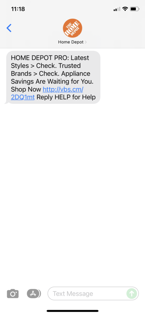 Home Depot Text Message Marketing Example - 12.20.2021