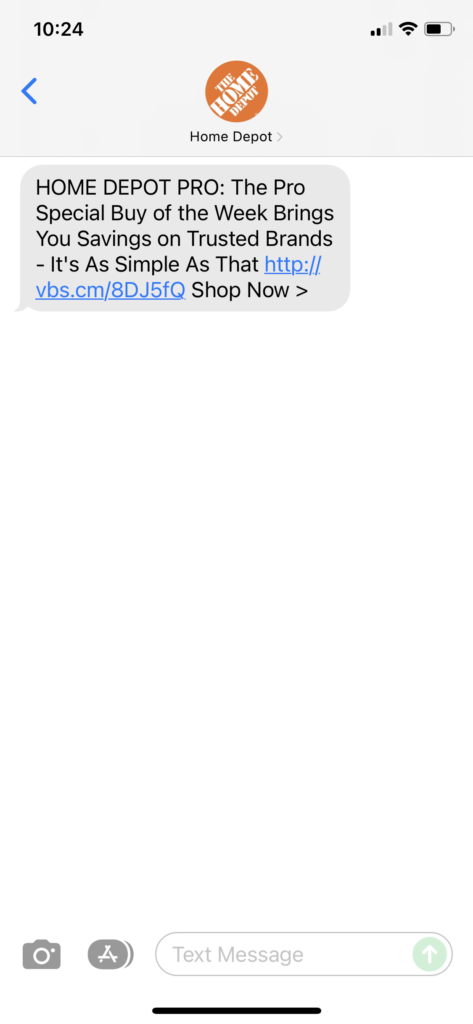 Home Depot Text Message Marketing Example - 12.27.2021