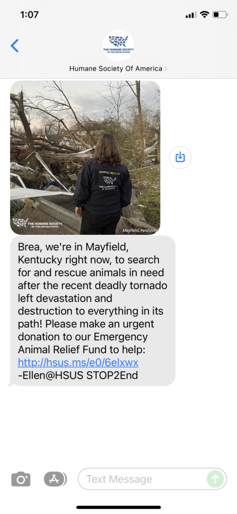 Humane Society of America Text Message Marketing Example - 12.14.2021