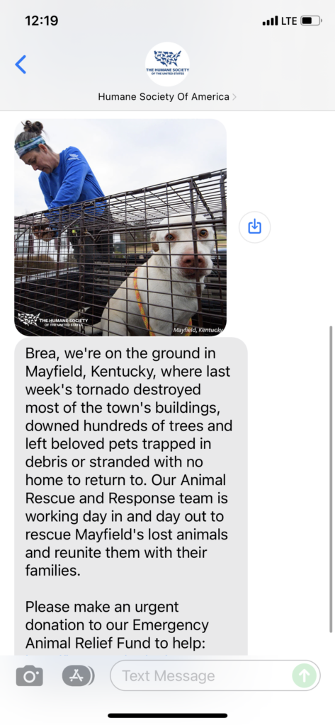 Humane Society of America Text Message Marketing Example - 12.16.2021