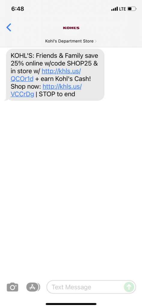 Kohl's Text Message Marketing Example - 12.03.2021