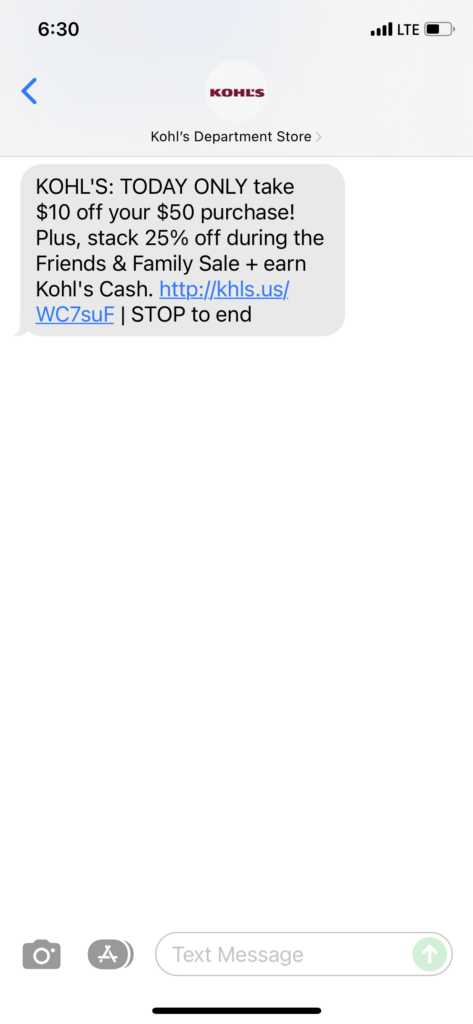 Kohl's Text Message Marketing Example - 12.04.2021