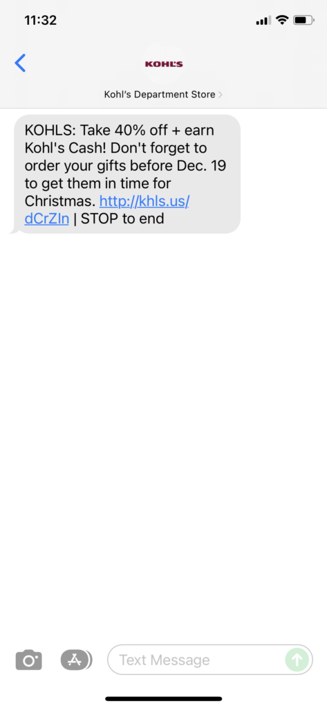 Kohl's Text Message Marketing Example - 12.19.2021