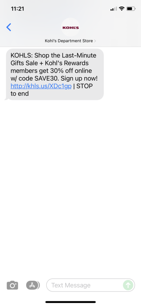 Kohl's Text Message Marketing Example - 12.20.2021
