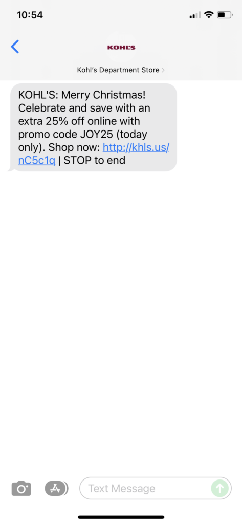 Kohl's Text Message Marketing Example - 12.25.2021
