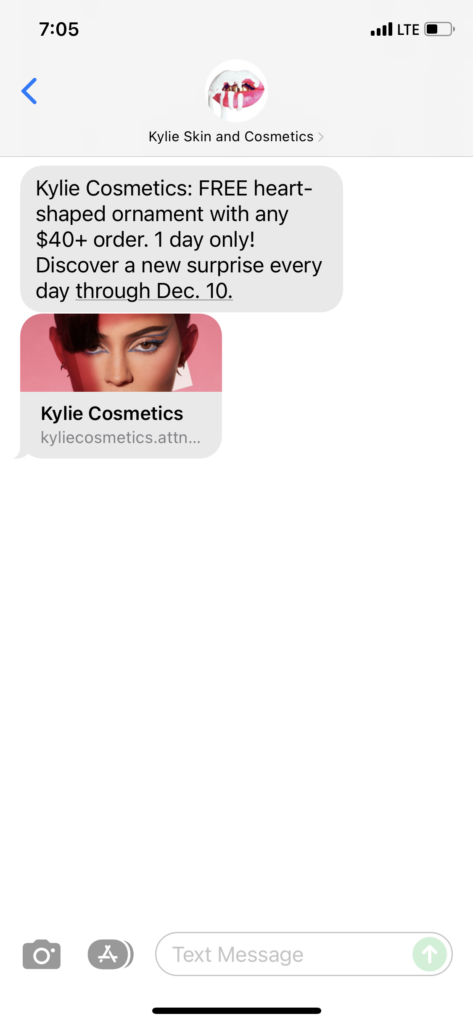 Kylie Skin and Cosmetics Text Message Marketing Example - 12.02.2021