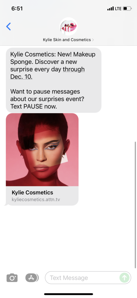 Kylie Skin and Cosmetics Text Message Marketing Example - 12.03.2021