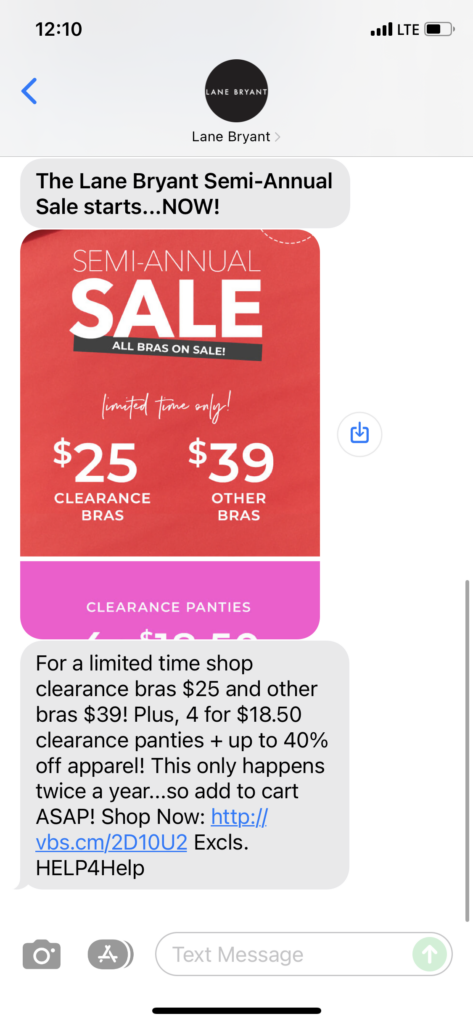 Lane Bryant Text Message Marketing Example - 12.17.2021
