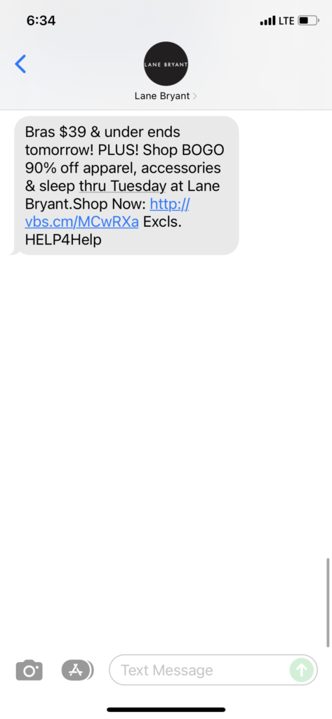 Lane Byrant Text Message Marketing Example - 12.04.2021