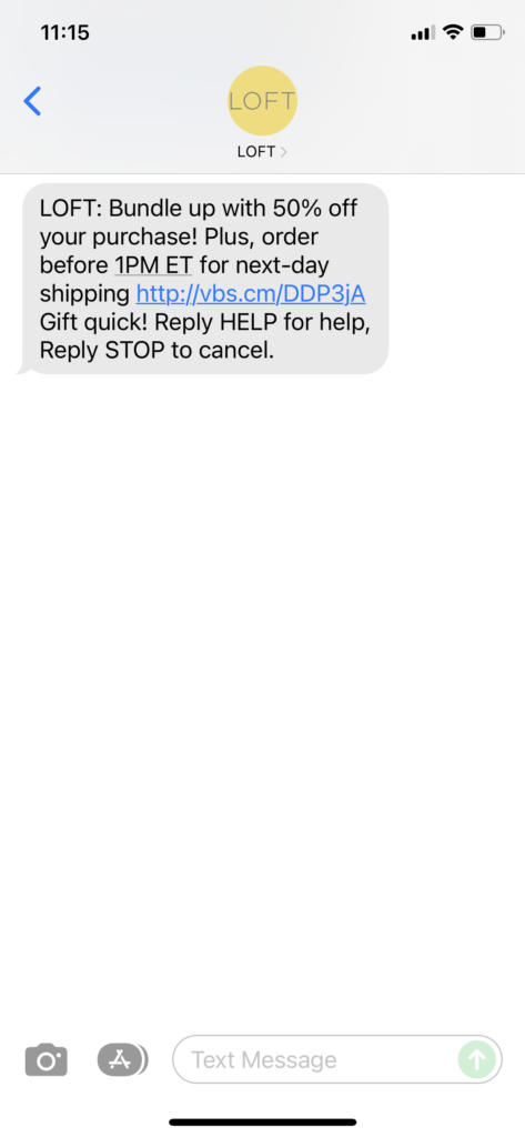Loft Text Message Marketing Example - 12.23.2021