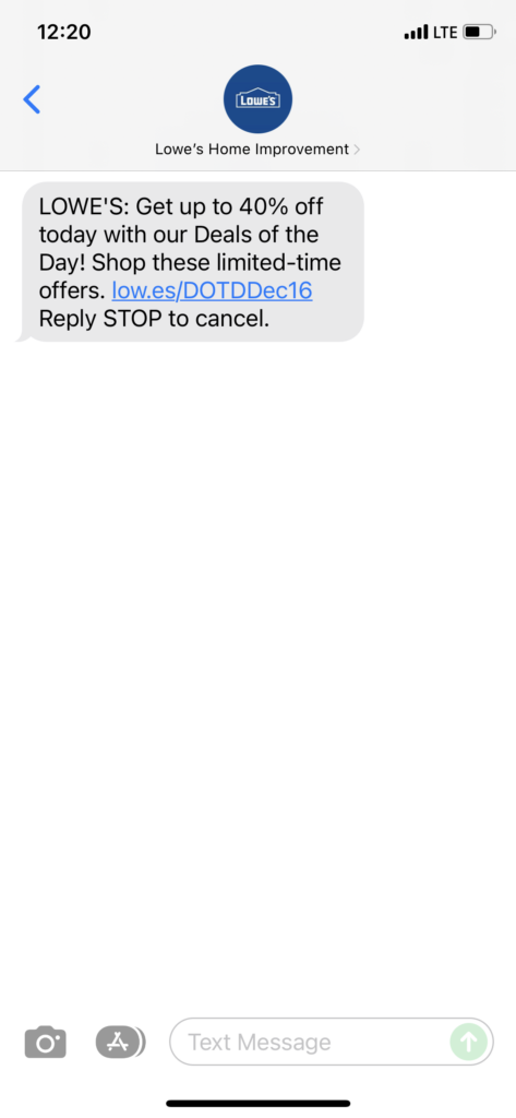 Lowe's Text Message Marketing Example - 12.16.2021