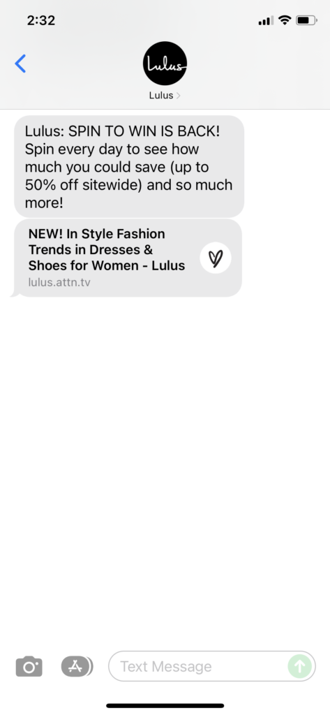 Lulus Text Message Marketing Example - 12.06.2021