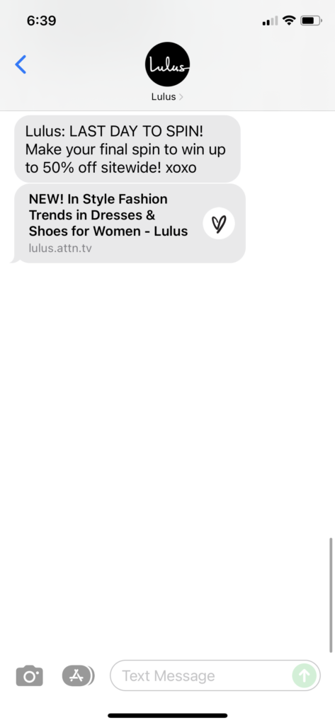 Lulus Text Message Marketing Example - 12.12.2021