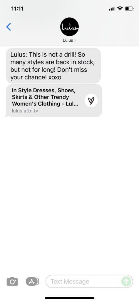 Lulus Text Message Marketing Example - 12.23.2021