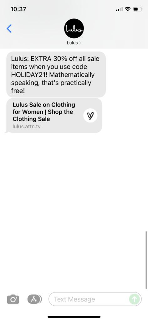 Lulus Text Message Marketing Example - 12.26.2021