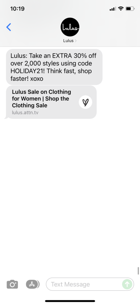 Lulus Text Message Marketing Example - 12.28.2021
