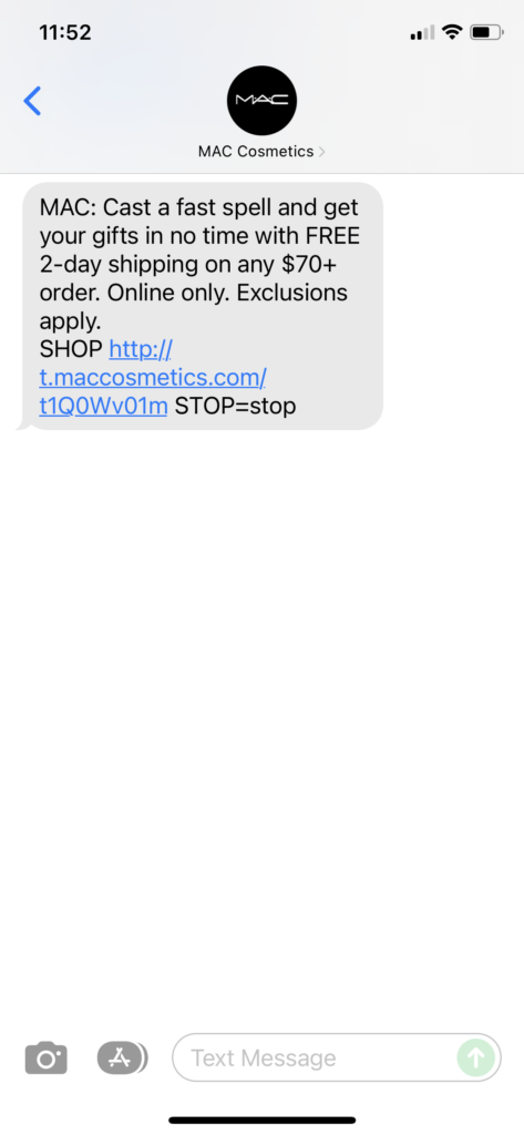 MAC Cosmetics Text Message Marketing Example - 12.17.2021