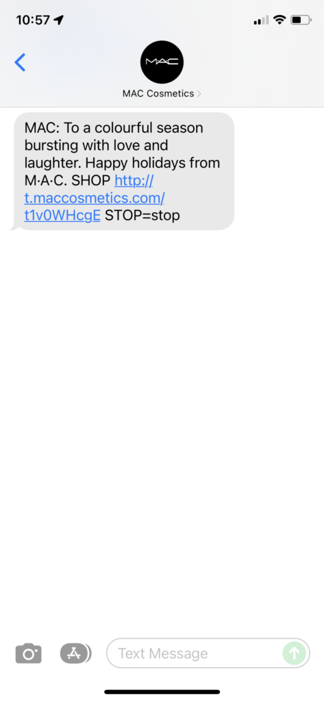 MAC Cosmetics Text Message Marketing Example - 12.25.2021