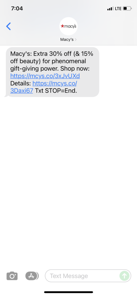Macy's Text Message Marketing Example - 12.02.2021