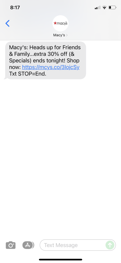 Macy's Text Message Marketing Example - 12.08.2021